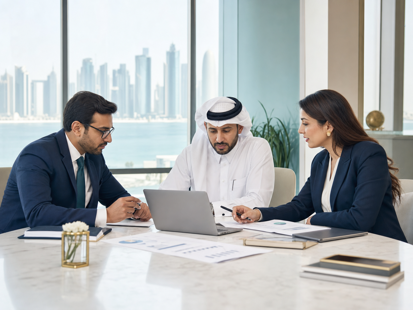 Business advisers discussing accounting and growth plans with a Qatar client